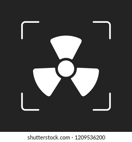 Radiation simple symbol. Radioactivity icon. White object in camera autofocus on dark background