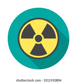 Radiation symbol circle icon with long shadow. Flat design style. Radiation symbol simple silhouette. Modern, minimalist, round icon in stylish colors. Web site page, mobile app design vector element.