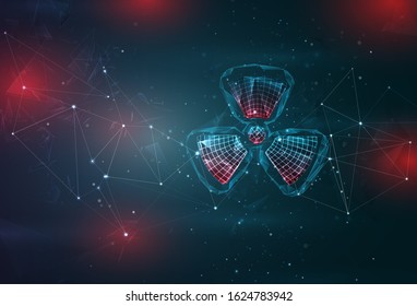 radiation symbol on an abstract gray blue background with red flashes