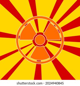 Radiation symbol on a background of red flash explosion radial lines. The large orange symbol is located in the center of the sun, symbolizing the sunrise. Vector illustration on yellow background