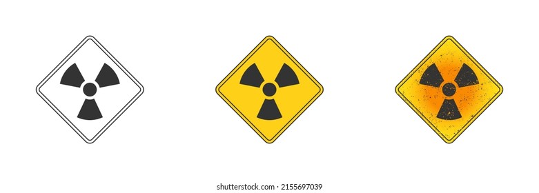 Radiation symbol. Outline, flat yellow, and yellow with grunge texture. Flat vector illustration.