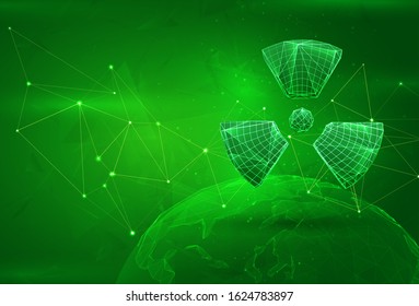 radiation symbol over a polygonal planet, on a green background. global data calculation
