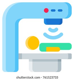 Radiation Therapy For Cancer Flat Icon. Vector Illustration Of Radiotherapy Machine For Patient Treatment. Isolated On White Background.