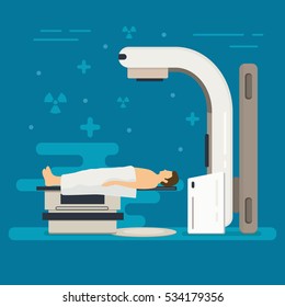 Radiation Therapy Vector Concept. Cancer Treatment With Radiotherapy. Oncology RT Of Cancerous Tumor. Medical X-ray Beam Therapy With Linear Accelerator. Medicine Background.