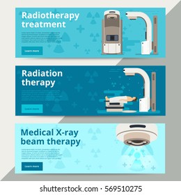 Radiation Therapy Vector Web Banners. Cancer Treatment With Radiotherapy. Oncology RT Of Cancerous Tumor. Medical X-ray Beam Therapy With Linear Accelerator. Medicine Background For Website Ad.