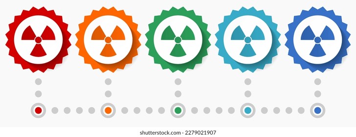 Conjunto de iconos de vector de radiación, plantilla infográfica colorida, conjunto de iconos de placa de diseño plana en 5 opciones de color