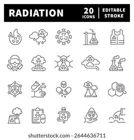 Radiation vector icons.Thin line icons related to radiation and radioactive. Radiation vector icons in line style.