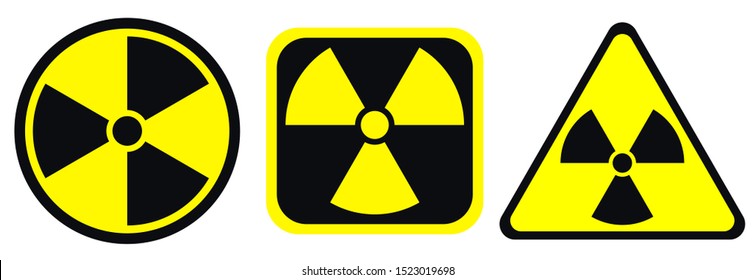 Radiation warning black and yellow signs in circle, square and triangle shape. Radioactivity warning vector symbol isolated on white background.