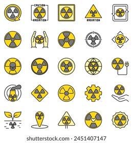 Radiation Warning colored icons. Nuclear Radioactive symbols and Radiological Contamination Danger concept signs set