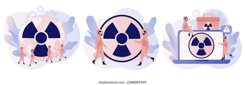 Radiation warning concept. Nuclear toxic waste. People in radioactive protection suit. Modern flat cartoon style. Vector illustration on white background