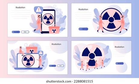 Radiation warning concept. Nuclear toxic waste. People in radioactive protection suit. Screen template for landing page, template, ui, web, mobile app, poster, banner, flyer. Vector illustration