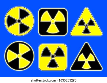 Radiation warning glowing black and yellow signs in circle, square and triangle shape. Radioactivity warning vector symbol isolated on blue background. EPS10 simple vector illustration.