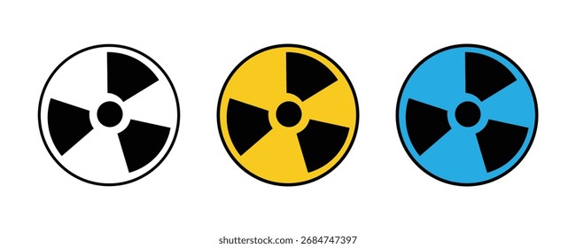 Ícone de aviso de radiação define vetor no fundo branco. perigo, nuclear, energia, sinal, cuidado, risco biológico, saúde, segurança, símbolo.