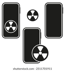 Icono de advertencia de radiación. Símbolo de teléfono inteligente con signo de peligro. Ilustración de peligro nuclear. Vector de advertencia telefónica.