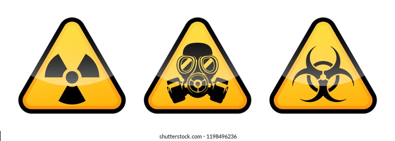 Radiation warning sign, biohazard warning sign, gas mask warning sign