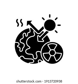 Radiative forcing black glyph icon. Earth and energy radiated back to space. Greenhouse effect on planets. Dangerous life problems. Silhouette symbol on white space. Vector isolated illustration