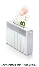 Radiator - air conditioner in which a hand deposits a 5 euro banknote on a white background