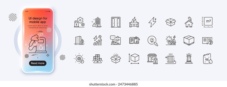 Iconos de línea del radiador, del tamaño de la caja y de la gasolinera para el App del Web. Pantalla de degradado de maqueta de teléfono. Paquete de metros cuadrados, caja abierta, iconos de pictogramas de innovación. Hogar, carga de autos, señales de faro. Vector