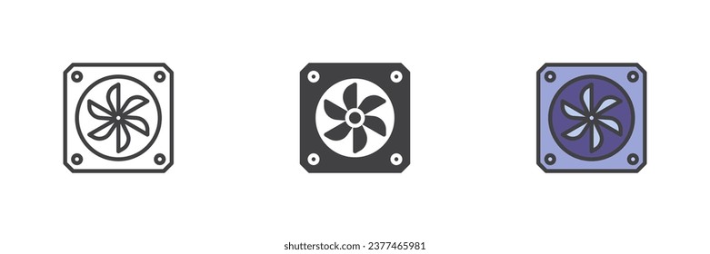 Radiator fan different style icon set. Line, glyph and filled outline colorful version, outline and filled vector sign. Symbol, logo illustration. Vector graphics