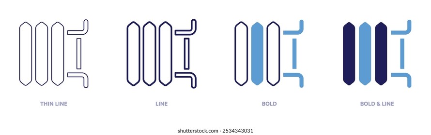 Icono del radiador en 4 estilos diferentes. Línea delgada, línea, negrita y línea negrita. Estilo duotono. Trazo editable.