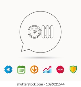 Radiator with regulator icon. Heater sign. Calendar, Graph chart and Cogwheel signs. Download and Shield web icons. Vector