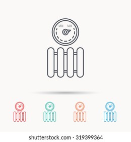 Radiator with regulator icon. Heater sign. Maximum temperature. Linear icons on white background. Vector