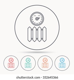 Radiator with regulator icon. Heater sign. Maximum temperature. Linear circle icons.