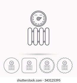 Radiator with regulator icon. Heater sign. Maximum temperature. Linear circle, square and star buttons with icons.