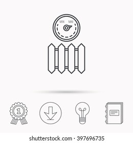 Radiator with regulator icon. Heater sign. Maximum temperature. Download arrow, lamp, learn book and award medal icons.