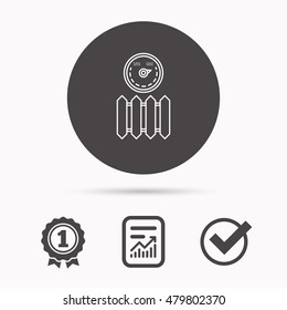 Radiator with regulator icon. Heater sign. Maximum temperature. Report document, winner award and tick. Round circle button with icon. Vector