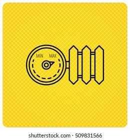 Radiator with regulator icon. Heater sign. Linear icon on orange background. Vector