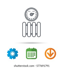 Radiator with regulator icon. Heater sign. Maximum temperature. Calendar, cogwheel and download arrow signs. Colored flat web icons. Vector