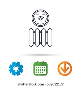 Radiator with regulator icon. Heater sign. Maximum temperature. Calendar, cogwheel and download arrow signs. Colored flat web icons. Vector