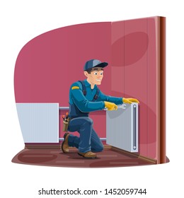 Radiator repair, home heating convector installation service. Vector worker man or repairman in uniform with hand tools spanner and wrenches repair house heater radiator