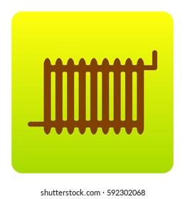 Radiator sign. Vector. Brown icon at green-yellow gradient square with rounded corners on white background. Isolated.