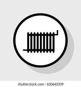Radiator sign. Vector. Flat black icon in white circle with shadow at gray background.