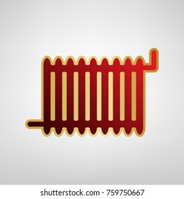 Radiator sign. Vector. Red icon on gold sticker at light gray background.