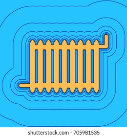 Radiator sign. Vector. Sand color icon with black contour and equidistant blue contours like field at sky blue background. Like waves on map - island in ocean or sea.