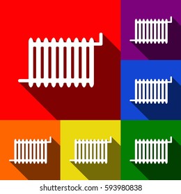Radiator sign. Vector. Set of icons with flat shadows at red, orange, yellow, green, blue and violet background.