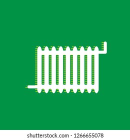 Radiator sign. Vector. White flat icon with yellow striped shadow at green background.