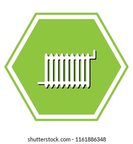 Radiator sign. Vector. White icon with black shadow at yellow green honeycomb on white background.