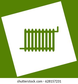 Radiator sign. Vector. White icon obtained as a result of subtraction rotated square and path. Avocado background.