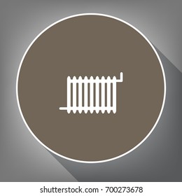 Radiator sign. Vector. White icon on brown circle with white contour and long shadow at gray background. Like top view on postament.