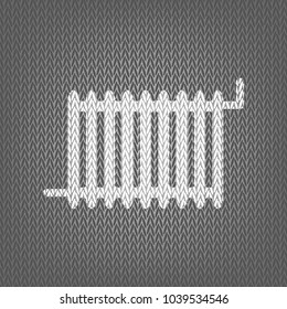 Radiator sign. Vector. White knitted icon on gray knitted background. Isolated.