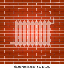 Radiator sign. Vector. Whitish icon on brick wall as background.