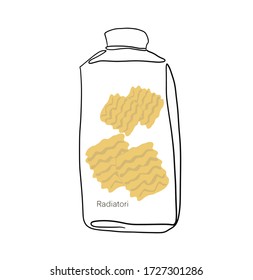 Radiatori. Pasta in a jar simple linear drawing. Line art. Italian cuisine, pasta. Vector Illustration. Realistic dry macaroni, for cards, posters, design, logo, for printed matter.
