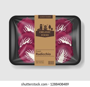 Radicchio salad leaves with plastic tray container with cellophane cover. Retro design. Mockup template for your salad design. Plastic food container. Vector illustration.