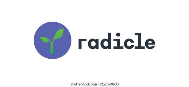 Radicle RAD coin cryptocurrency token logo with text isolated on white background.