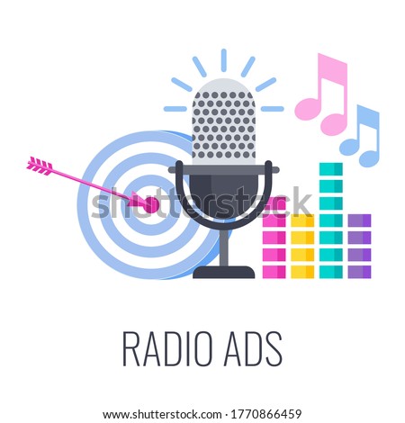 Radio ads icon. Radio microphone, arrow target and music sounds. Advertising broadcasts, music, udio shows. Outbound marketing. Traditional advertising and promotion. Flat vector cartoon illustration