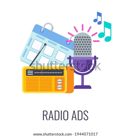 Radio ads icon. Radio microphone, arrow target and music sounds. Advertising broadcasts, music, udio shows. Outbound marketing. Traditional advertising and promotion. Flat vector cartoon illustration